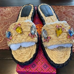 TORY BURCH Crystal RAFFIA SLIDE, in NATURAL, SIZE 10, BNIB, MSRP$278 Must have